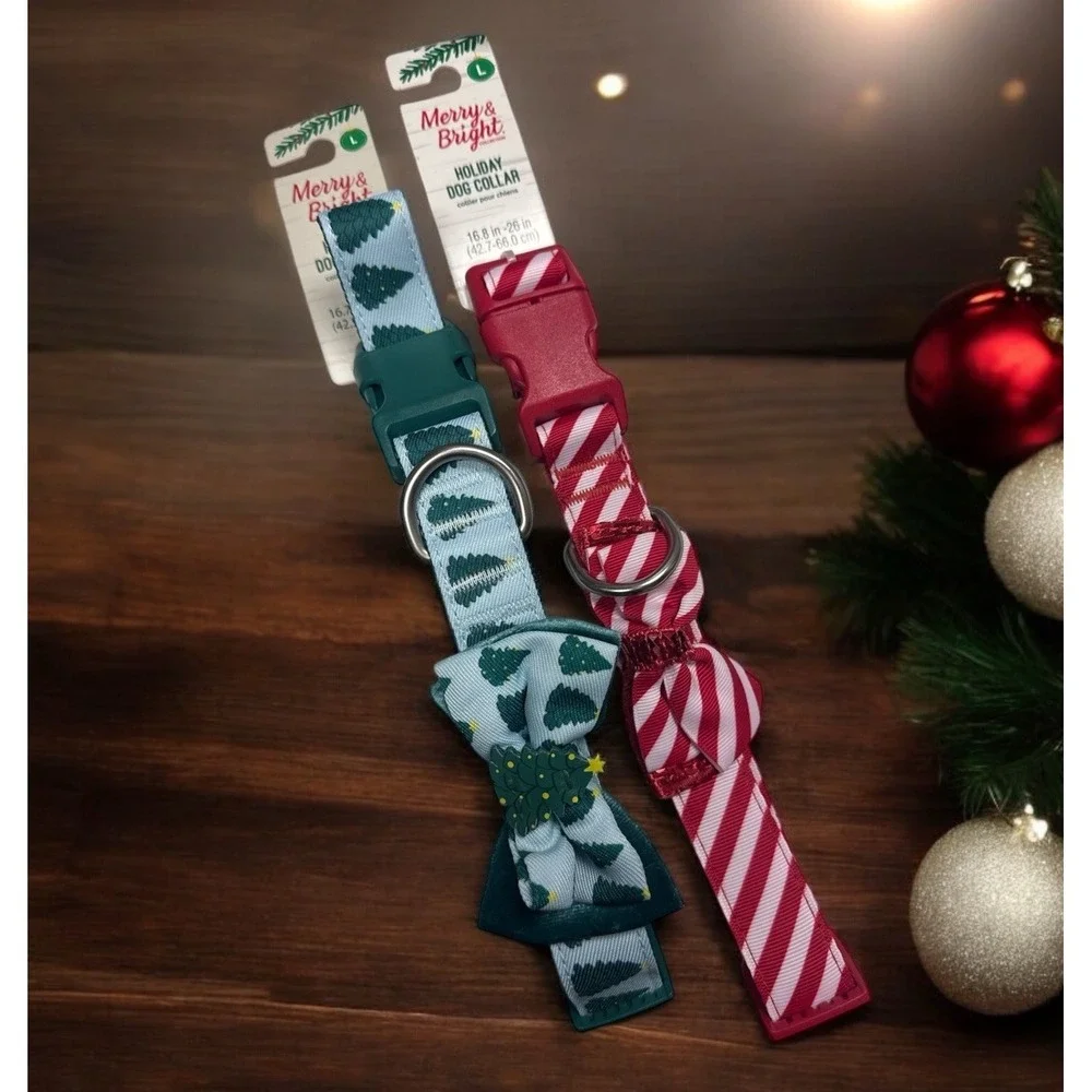 Lot Of 2 Merry & Bright Adjustable Large L Christmas Red Green Dog Sripes W/ Bow